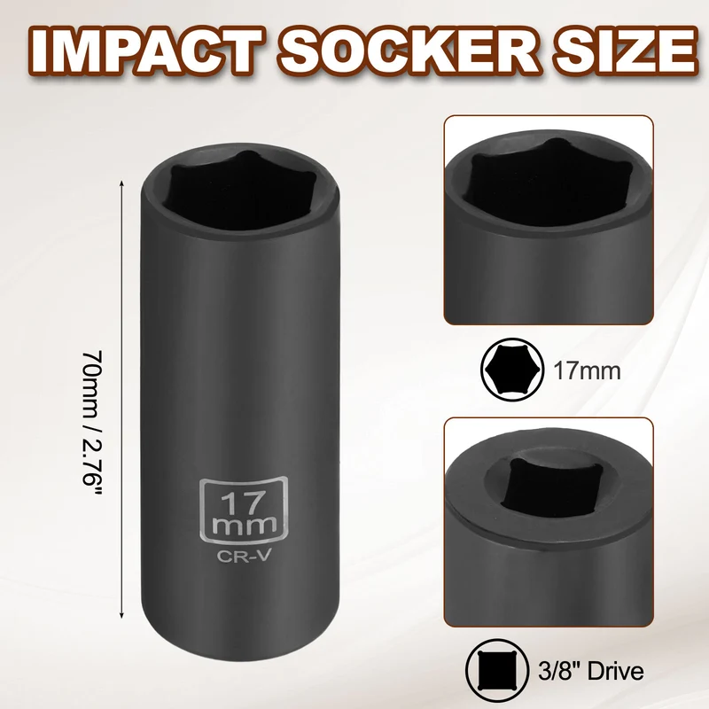 3/8" 6-Point Impact Socket, 17mm Socket 70mm l with 1/4" Hex Shank Adapter