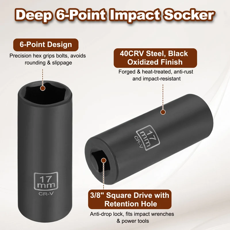 3/8" 6-Point Impact Socket, 17mm Socket 70mm l with 1/4" Hex Shank Adapter