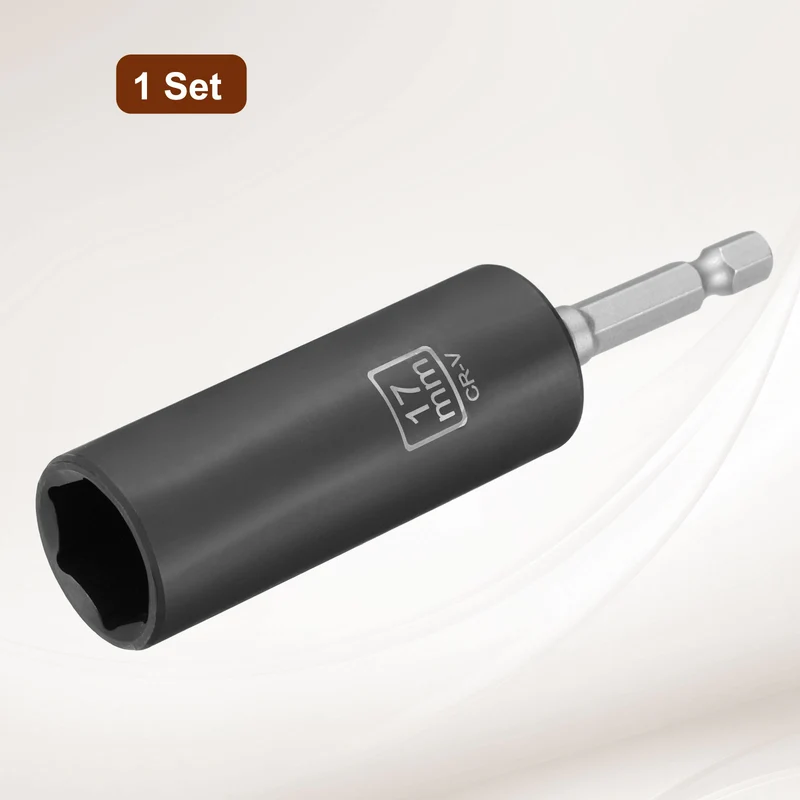 3/8" 6-Point Impact Socket, 17mm Socket 70mm l with 1/4" Hex Shank Adapter