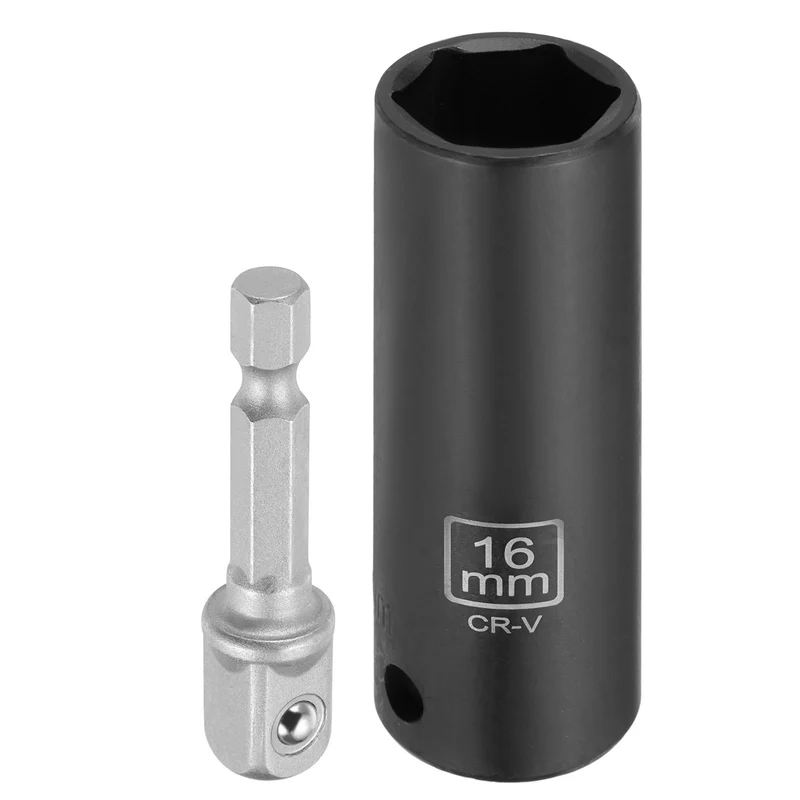 3/8" 6-Point Impact Socket, 16mm Socket 70mm l with 1/4" Hex Shank Adapter