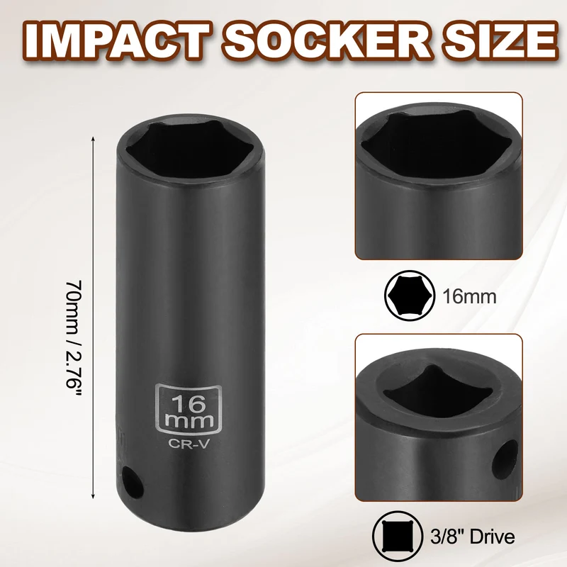 3/8" 6-Point Impact Socket, 16mm Socket 70mm l with 1/4" Hex Shank Adapter