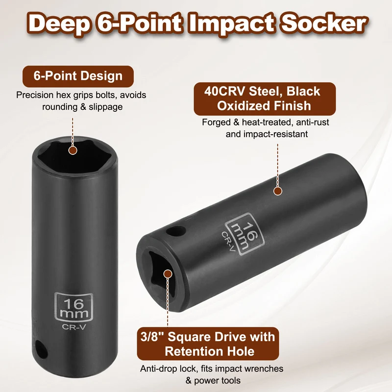 3/8" 6-Point Impact Socket, 16mm Socket 70mm l with 1/4" Hex Shank Adapter