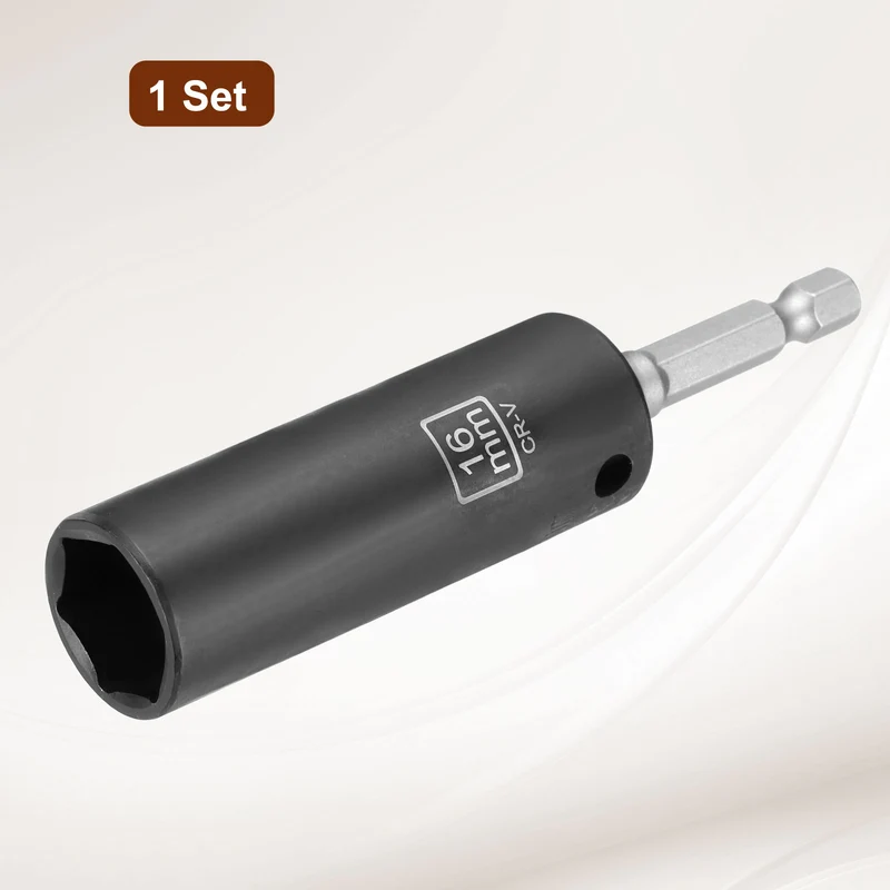 3/8" 6-Point Impact Socket, 16mm Socket 70mm l with 1/4" Hex Shank Adapter