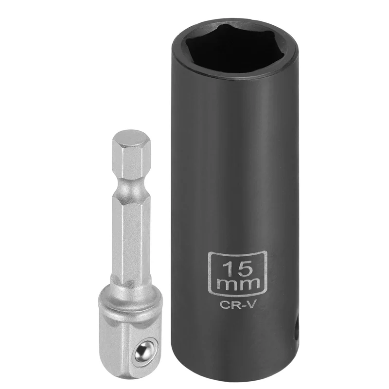3/8" 6-Point Impact Socket, 15mm Socket 70mm l with 1/4" Hex Shank Adapter