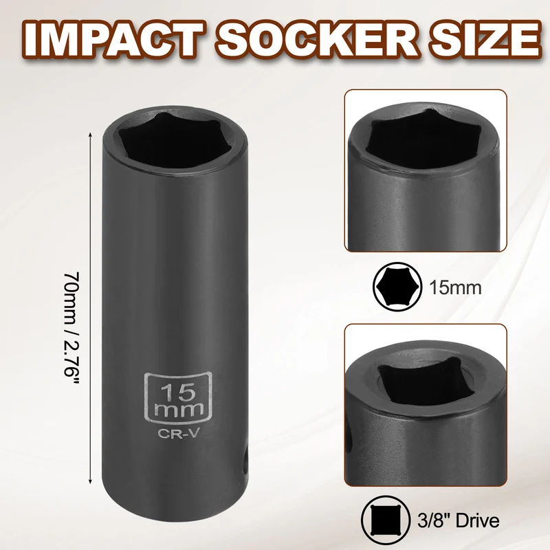 3/8" 6-Point Impact Socket, 15mm Socket 70mm l with 1/4" Hex Shank Adapter