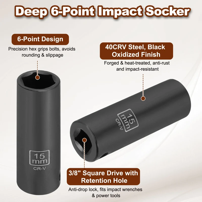 3/8" 6-Point Impact Socket, 15mm Socket 70mm l with 1/4" Hex Shank Adapter