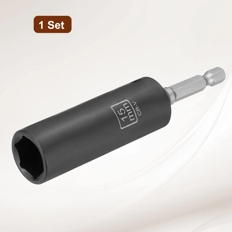 3/8" 6-Point Impact Socket, 15mm Socket 70mm l with 1/4" Hex Shank Adapter