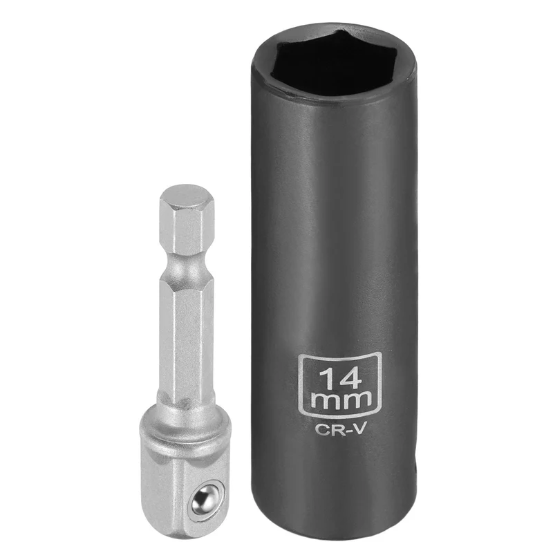 3/8" 6-Point Impact Socket, 14mm Socket 70mm l with 1/4" Hex Shank Adapter