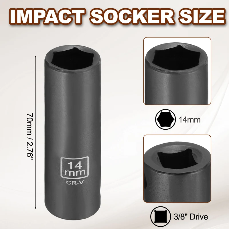 3/8" 6-Point Impact Socket, 14mm Socket 70mm l with 1/4" Hex Shank Adapter