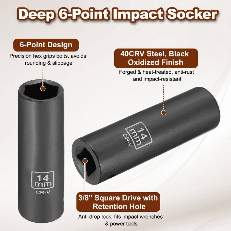 3/8" 6-Point Impact Socket, 14mm Socket 70mm l with 1/4" Hex Shank Adapter