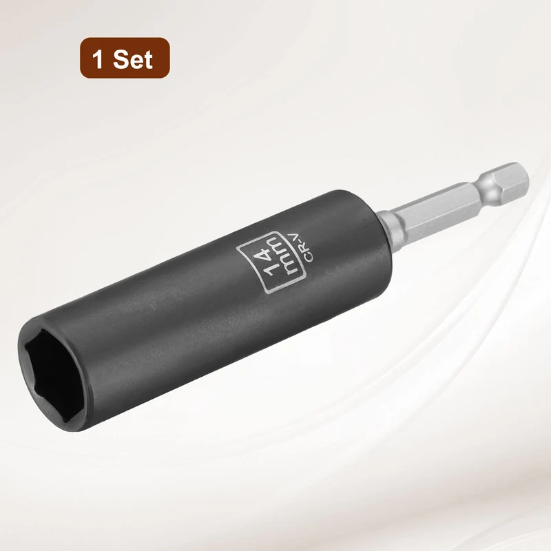 3/8" 6-Point Impact Socket, 14mm Socket 70mm l with 1/4" Hex Shank Adapter