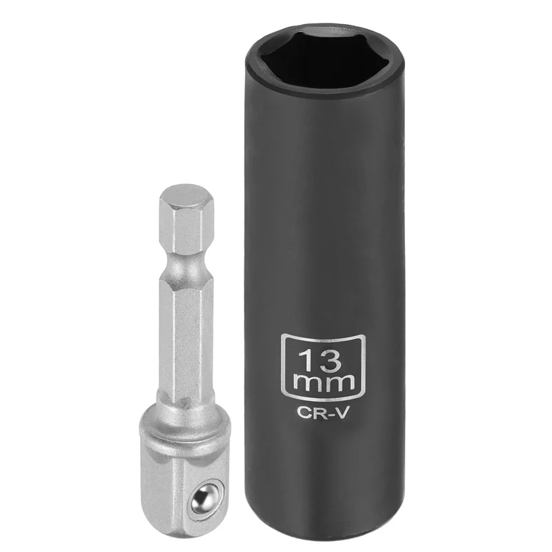 3/8" 6-Point Impact Socket, 13mm Socket 70mm l with 1/4" Hex Shank Adapter
