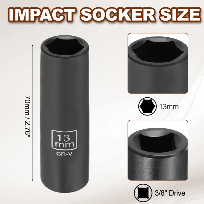 3/8" 6-Point Impact Socket, 13mm Socket 70mm l with 1/4" Hex Shank Adapter