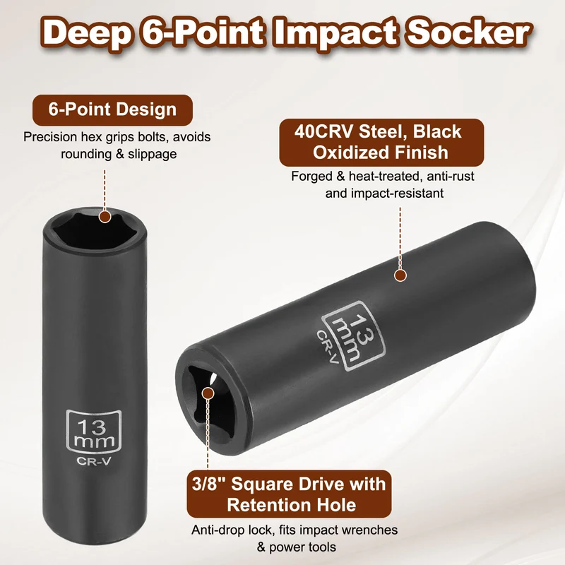3/8" 6-Point Impact Socket, 13mm Socket 70mm l with 1/4" Hex Shank Adapter