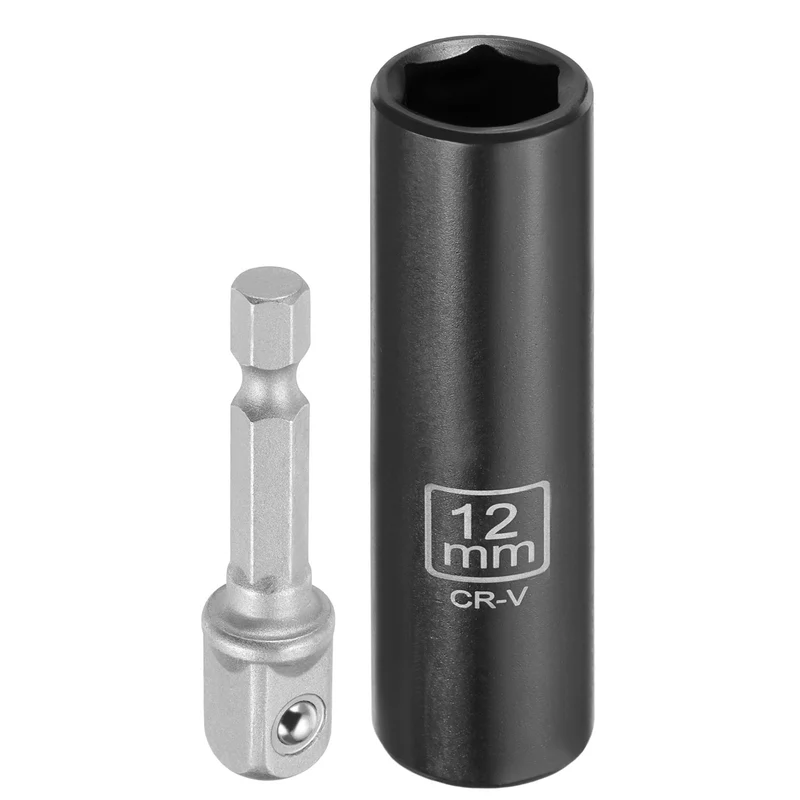 3/8" 6-Point Impact Socket, 12mm Socket 70mm l with 1/4" Hex Shank Adapter