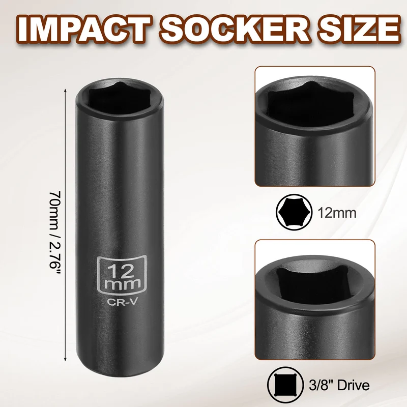 3/8" 6-Point Impact Socket, 12mm Socket 70mm l with 1/4" Hex Shank Adapter