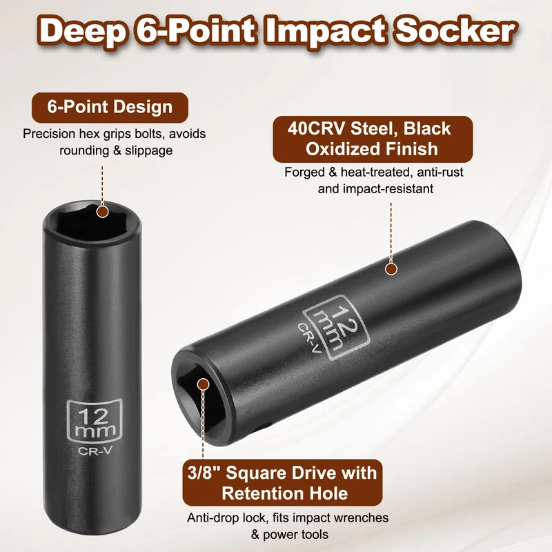 3/8" 6-Point Impact Socket, 12mm Socket 70mm l with 1/4" Hex Shank Adapter