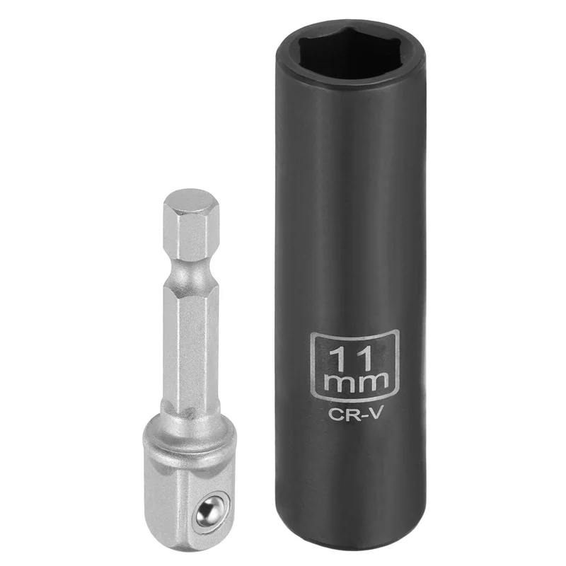 3/8" 6-Point Impact Socket, 11mm Socket 70mm l with 1/4" Hex Shank Adapter