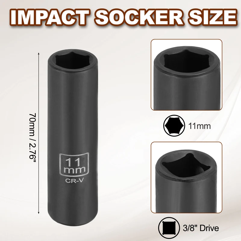 3/8" 6-Point Impact Socket, 11mm Socket 70mm l with 1/4" Hex Shank Adapter