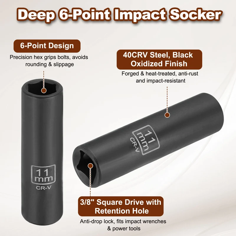 3/8" 6-Point Impact Socket, 11mm Socket 70mm l with 1/4" Hex Shank Adapter