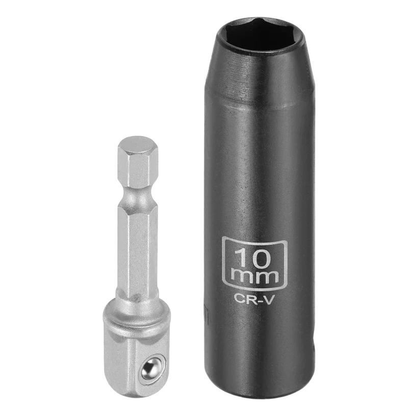 3/8" 6-Point Impact Socket, 10mm Socket 70mm l with 1/4" Hex Shank Adapter