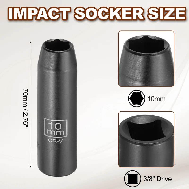 3/8" 6-Point Impact Socket, 10mm Socket 70mm l with 1/4" Hex Shank Adapter