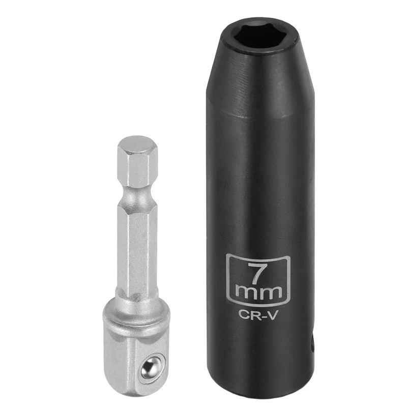 3/8" 6-Point Impact Socket, 7mm Socket 70mm l with 1/4" Hex Shank Adapter