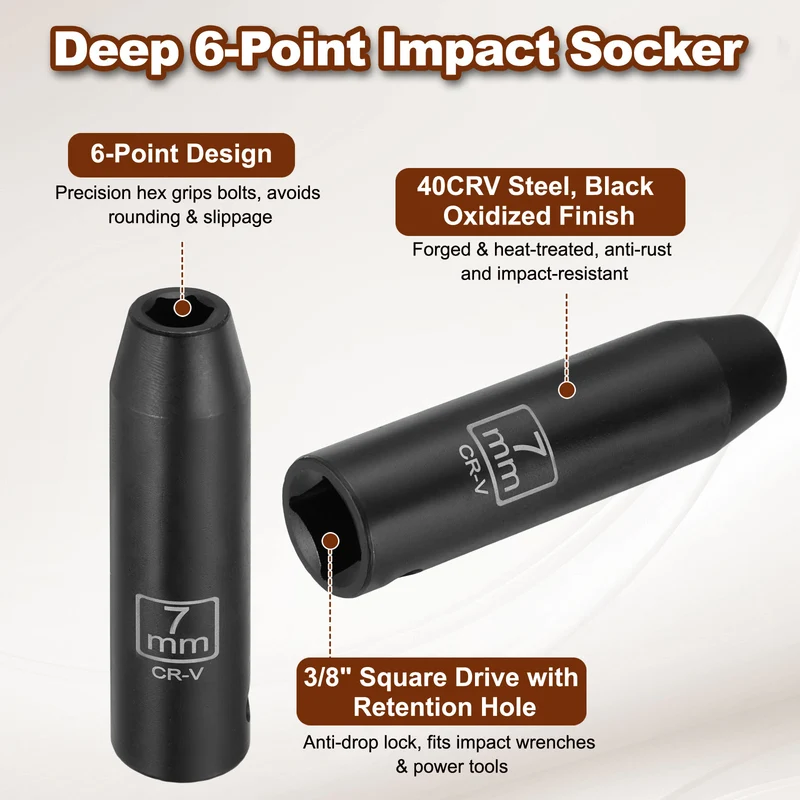 3/8" 6-Point Impact Socket, 7mm Socket 70mm l with 1/4" Hex Shank Adapter