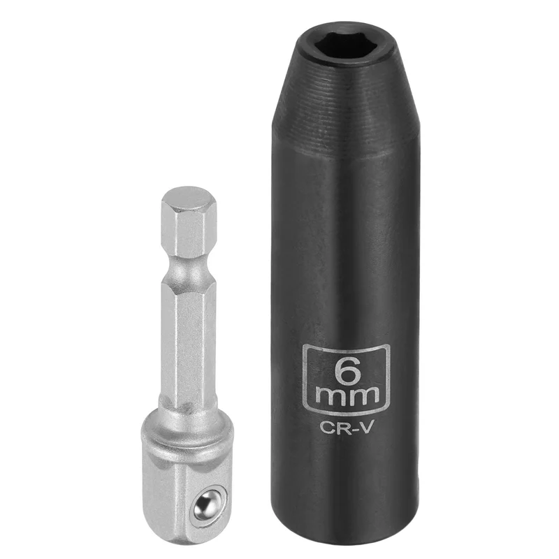 3/8" 6-Point Impact Socket, 6mm Socket 70mm l with 1/4" Hex Shank Adapter
