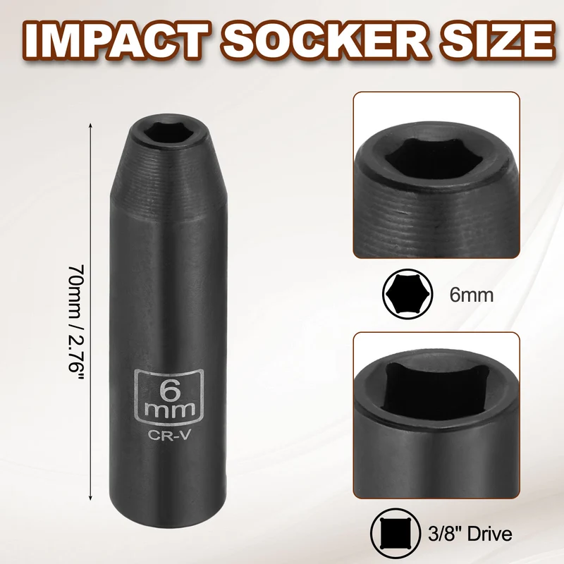 3/8" 6-Point Impact Socket, 6mm Socket 70mm l with 1/4" Hex Shank Adapter