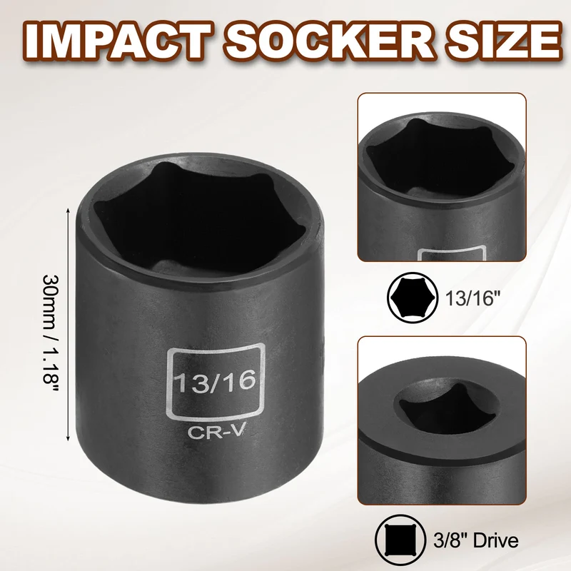3/8" 6-Point Impact Socket, H13/16" Socket 30mm l with 1/4" Hex Shank Adapter