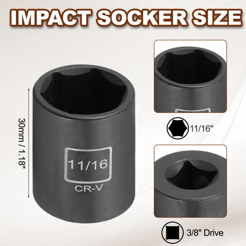 3/8" 6-Point Impact Socket, H11/16" Socket 30mm l with 1/4" Hex Shank Adapter