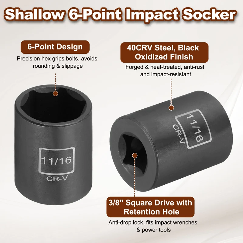 3/8" 6-Point Impact Socket, H11/16" Socket 30mm l with 1/4" Hex Shank Adapter