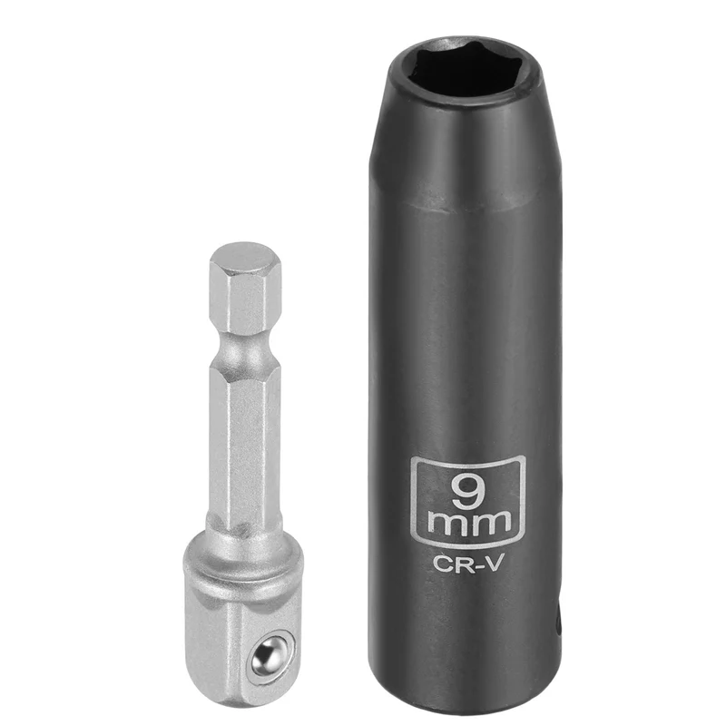3/8" 6-Point Impact Socket, 9mm Socket 70mm l with 1/4" Hex Shank Adapter