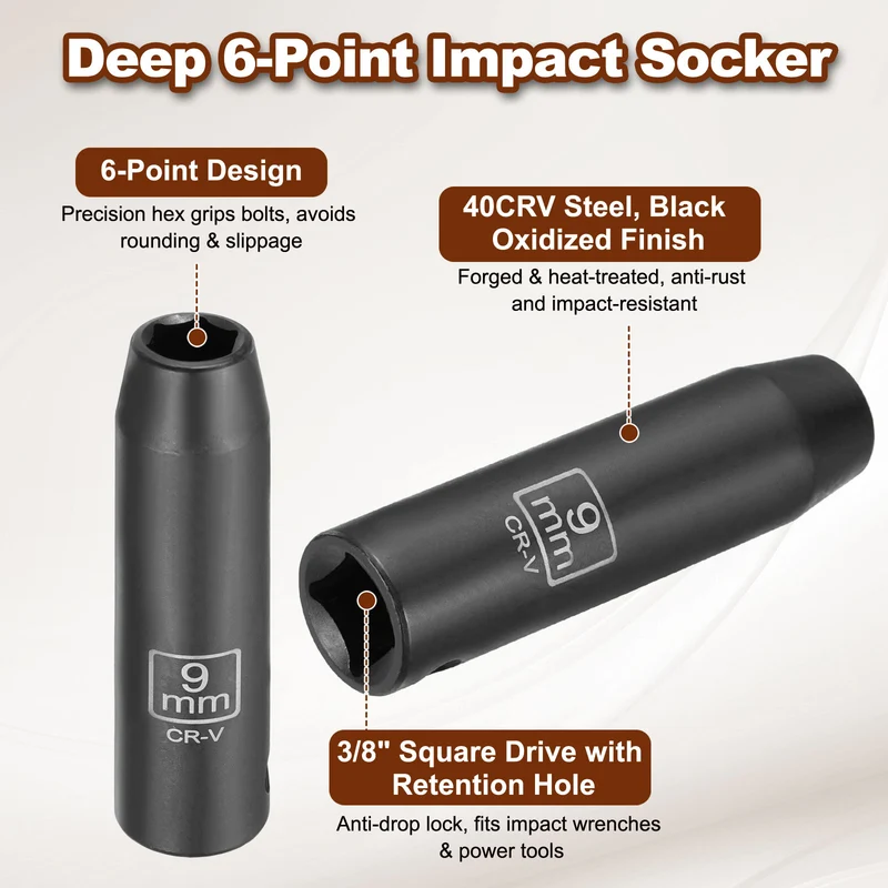 3/8" 6-Point Impact Socket, 9mm Socket 70mm l with 1/4" Hex Shank Adapter