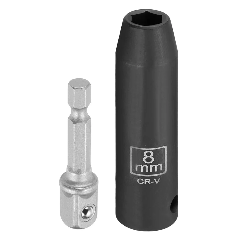3/8" 6-Point Impact Socket, 8mm Socket 70mm l with 1/4" Hex Shank Adapter