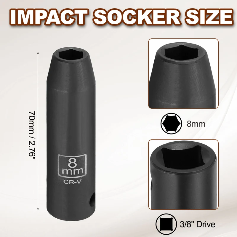 3/8" 6-Point Impact Socket, 8mm Socket 70mm l with 1/4" Hex Shank Adapter