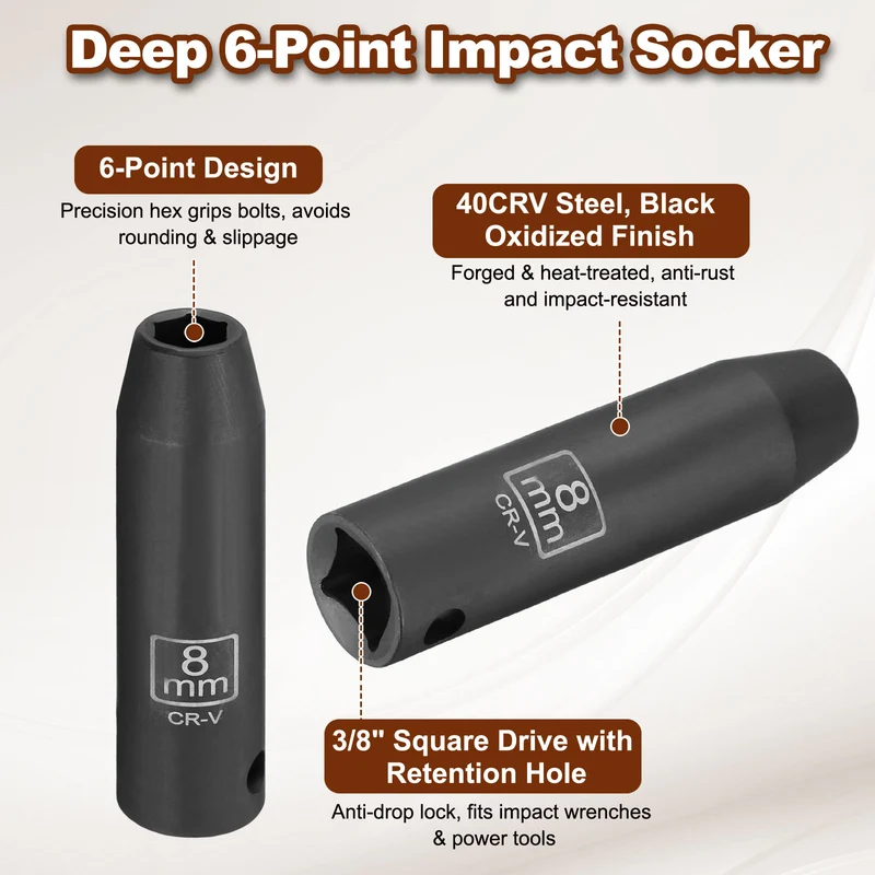 3/8" 6-Point Impact Socket, 8mm Socket 70mm l with 1/4" Hex Shank Adapter