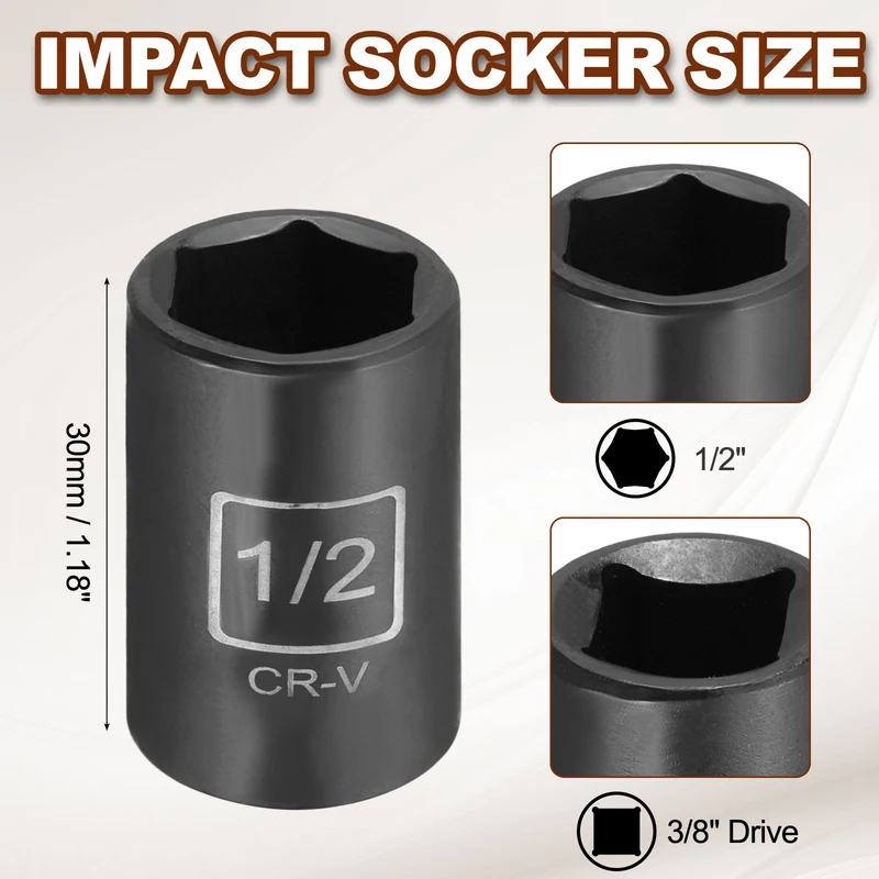 3/8" 6-Point Impact Socket, H1/2" Socket 30mm l with 1/4" Hex Shank Adapter