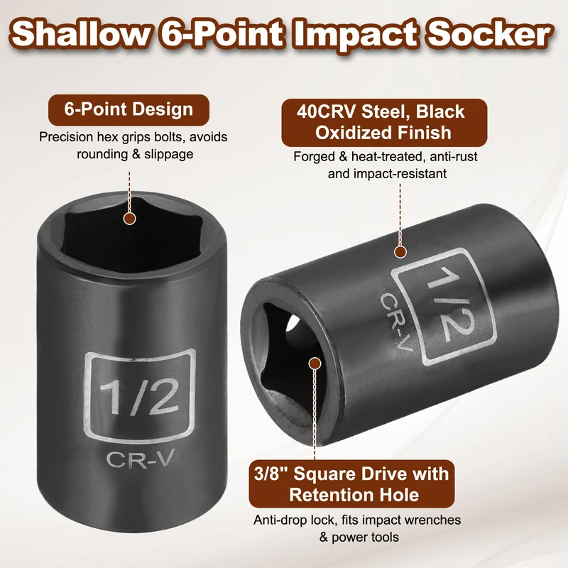 3/8" 6-Point Impact Socket, H1/2" Socket 30mm l with 1/4" Hex Shank Adapter