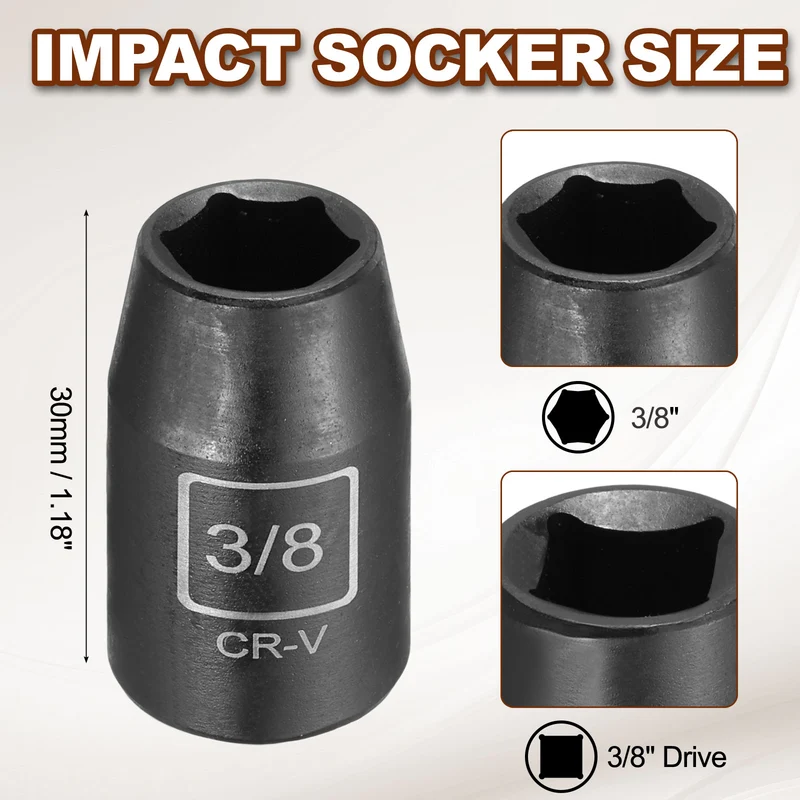 3/8" 6-Point Impact Socket, H3/8" Socket 30mm l with 1/4" Hex Shank Adapter
