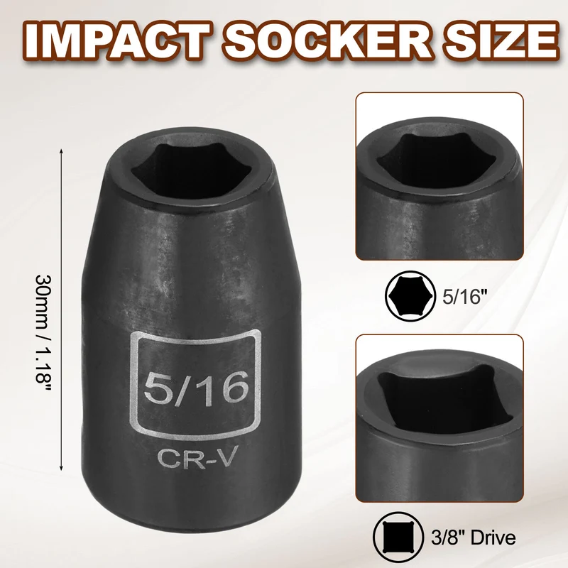 3/8" 6-Point Impact Socket, H5/16" Socket 30mm l with 1/4" Hex Shank Adapter