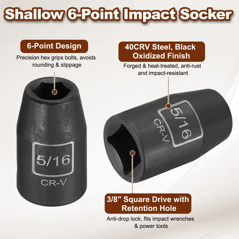 3/8" 6-Point Impact Socket, H5/16" Socket 30mm l with 1/4" Hex Shank Adapter