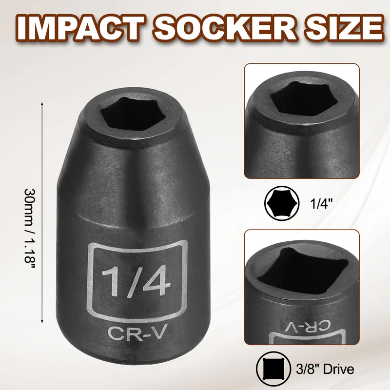 3/8" 6-Point Impact Socket, H1/4" Socket 30mm l with 1/4" Hex Shank Adapter