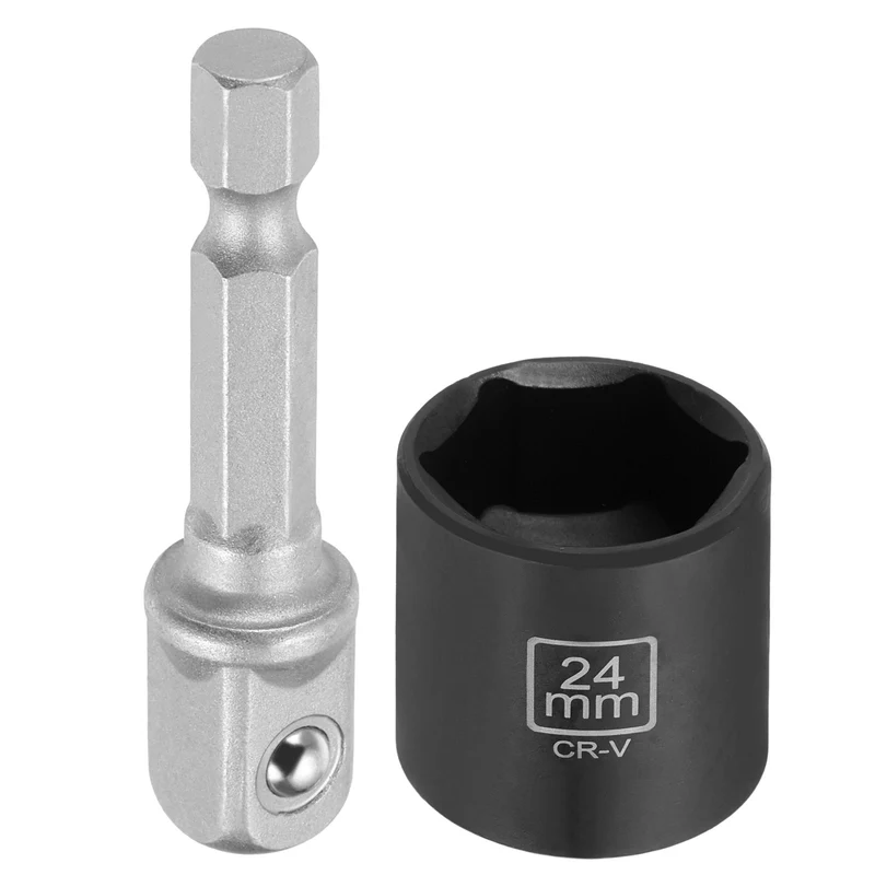 3/8" 6-Point Impact Socket, 24mm Socket 30mm l with 1/4" Hex Shank Adapter