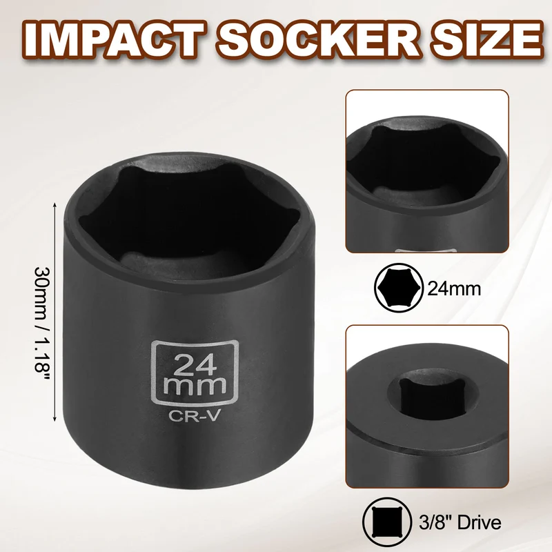 3/8" 6-Point Impact Socket, 24mm Socket 30mm l with 1/4" Hex Shank Adapter