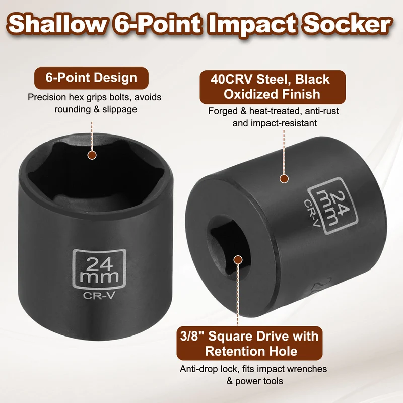 3/8" 6-Point Impact Socket, 24mm Socket 30mm l with 1/4" Hex Shank Adapter