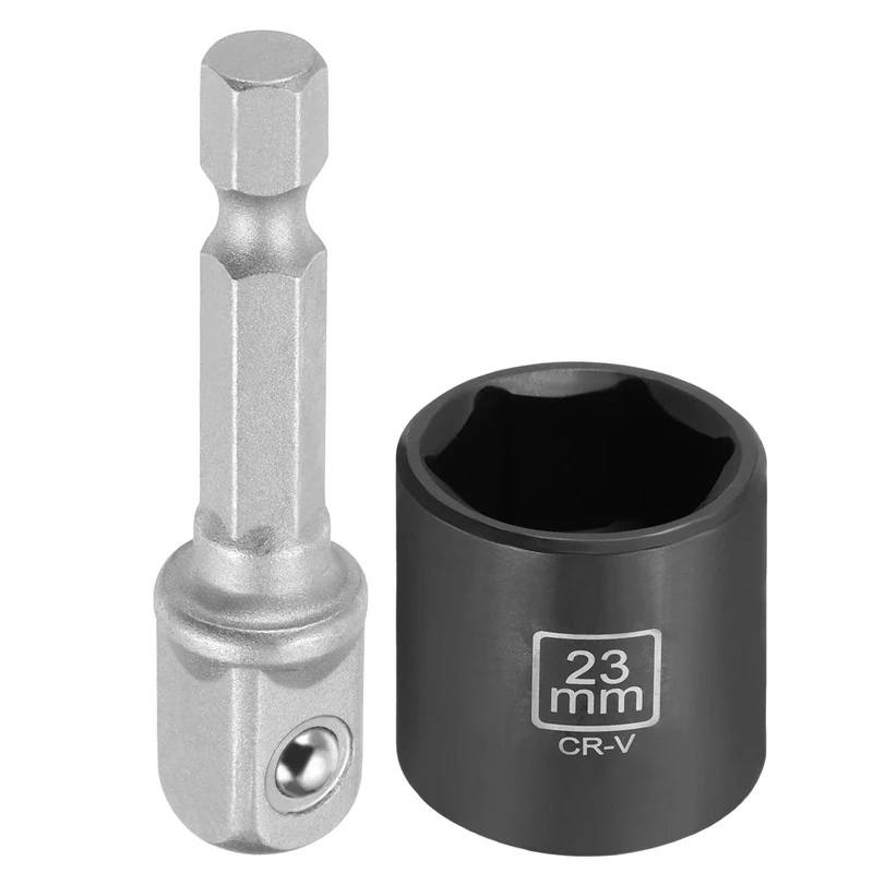 3/8" 6-Point Impact Socket, 23mm Socket 30mm l with 1/4" Hex Shank Adapter