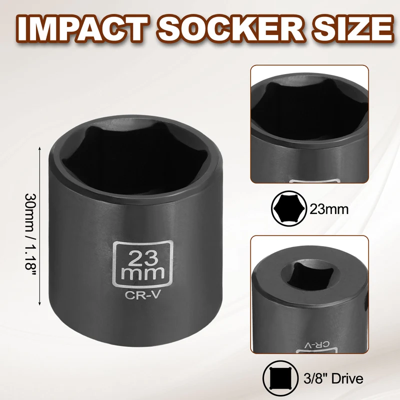 3/8" 6-Point Impact Socket, 23mm Socket 30mm l with 1/4" Hex Shank Adapter