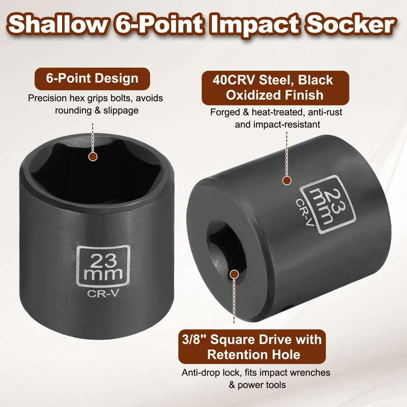 3/8" 6-Point Impact Socket, 23mm Socket 30mm l with 1/4" Hex Shank Adapter